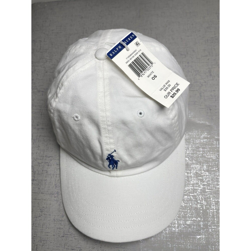 Polo Ralph Lauren Men's O/S Adjustable Baseball Cap Cotton White /Blue Pony Logo - Picture 11 of 11